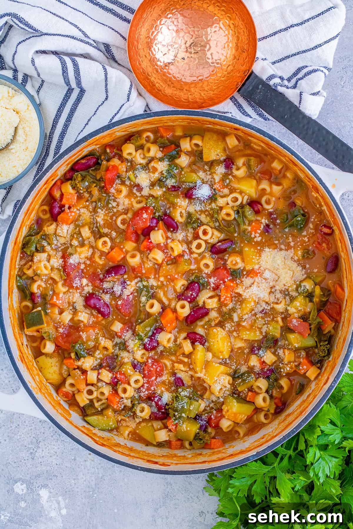 Classic Italian Minestrone Soup Recipe for Homemade Comfort 3 Overhead of finished Minestrone Soup Recipe.