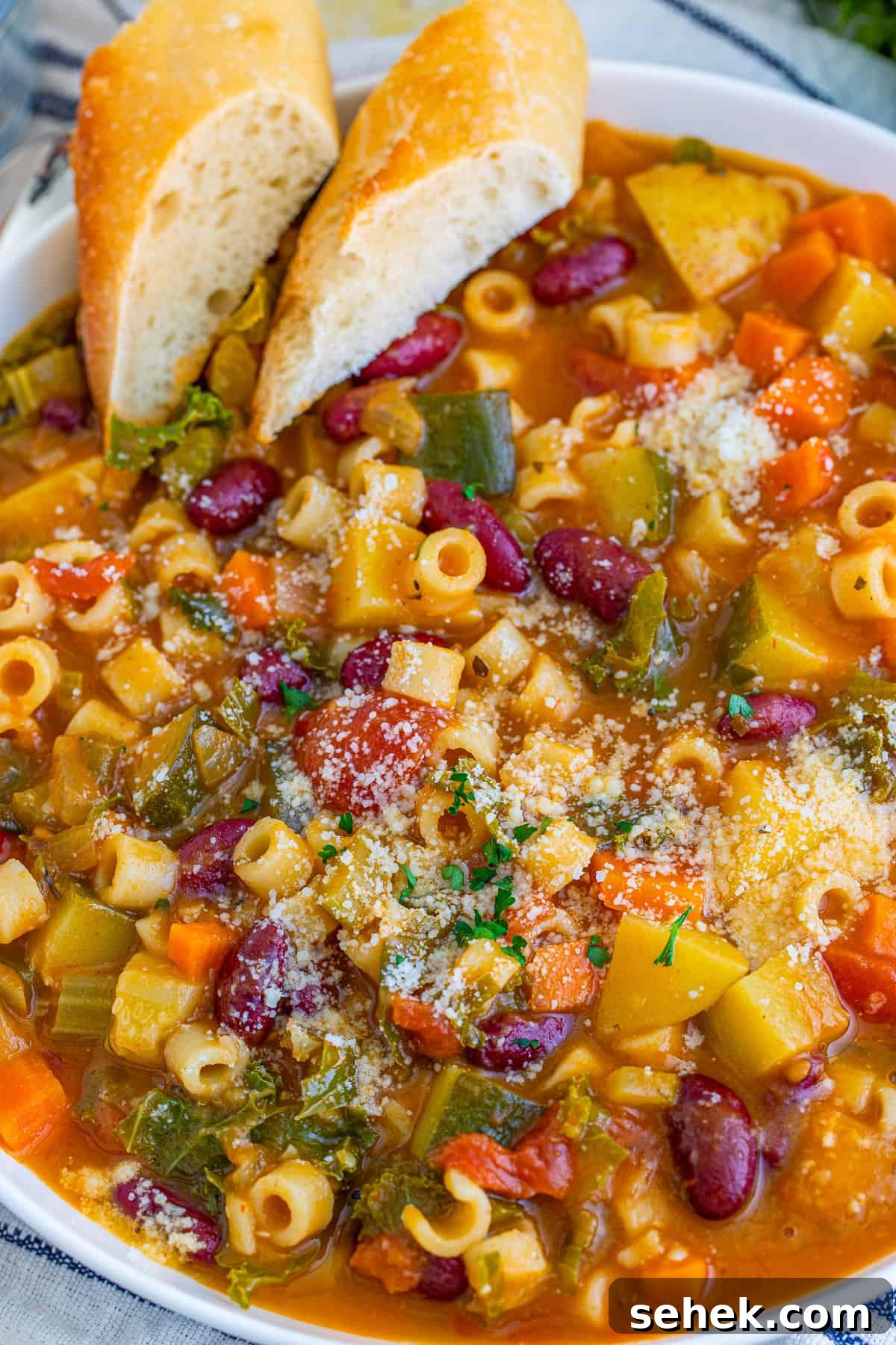 Classic Italian Minestrone Soup Recipe for Homemade Comfort 6 Overhead close up of Minestrone Soup Recipe.