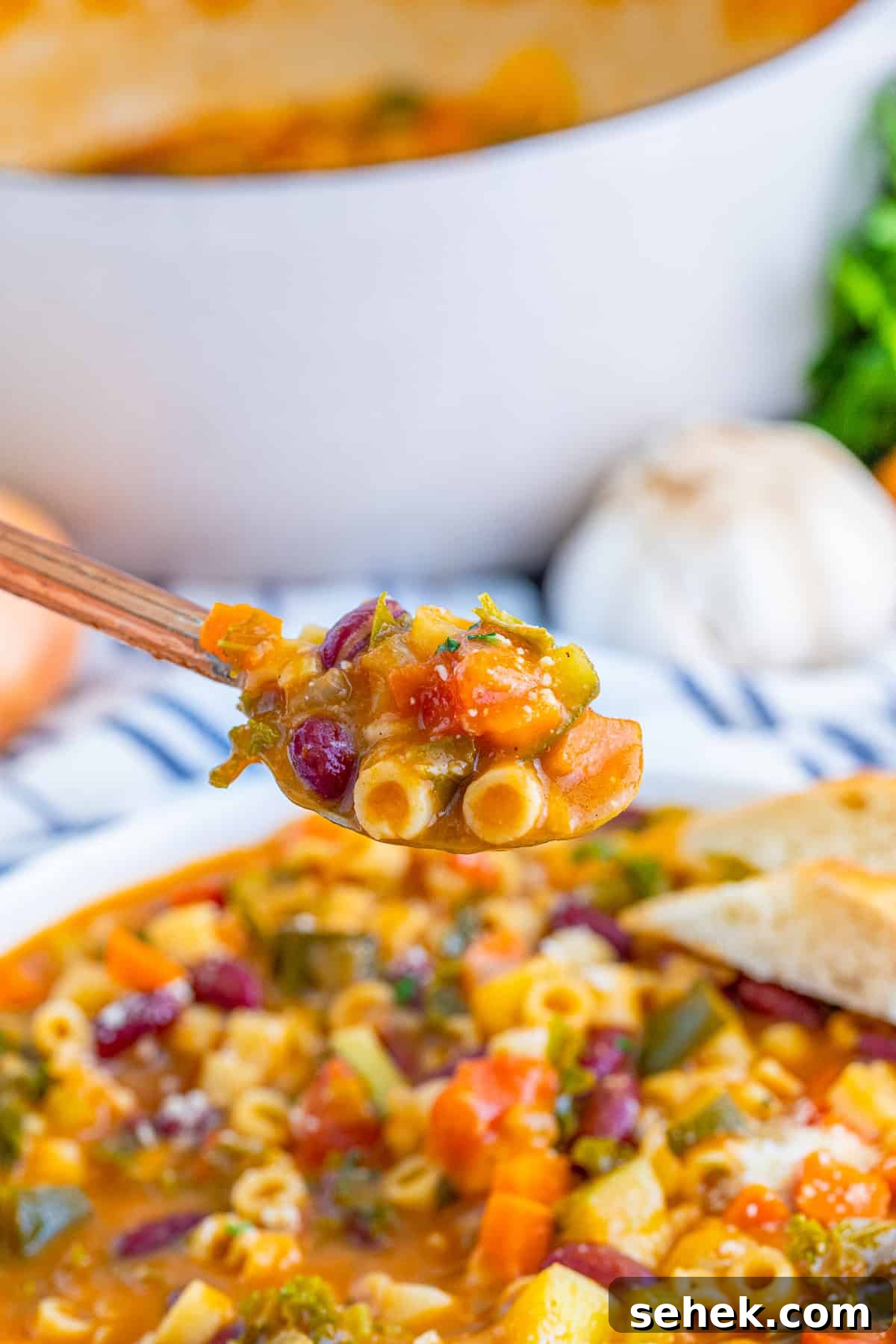 Classic Italian Minestrone Soup Recipe for Homemade Comfort 7 Spoon holding up some soup out of bowl.