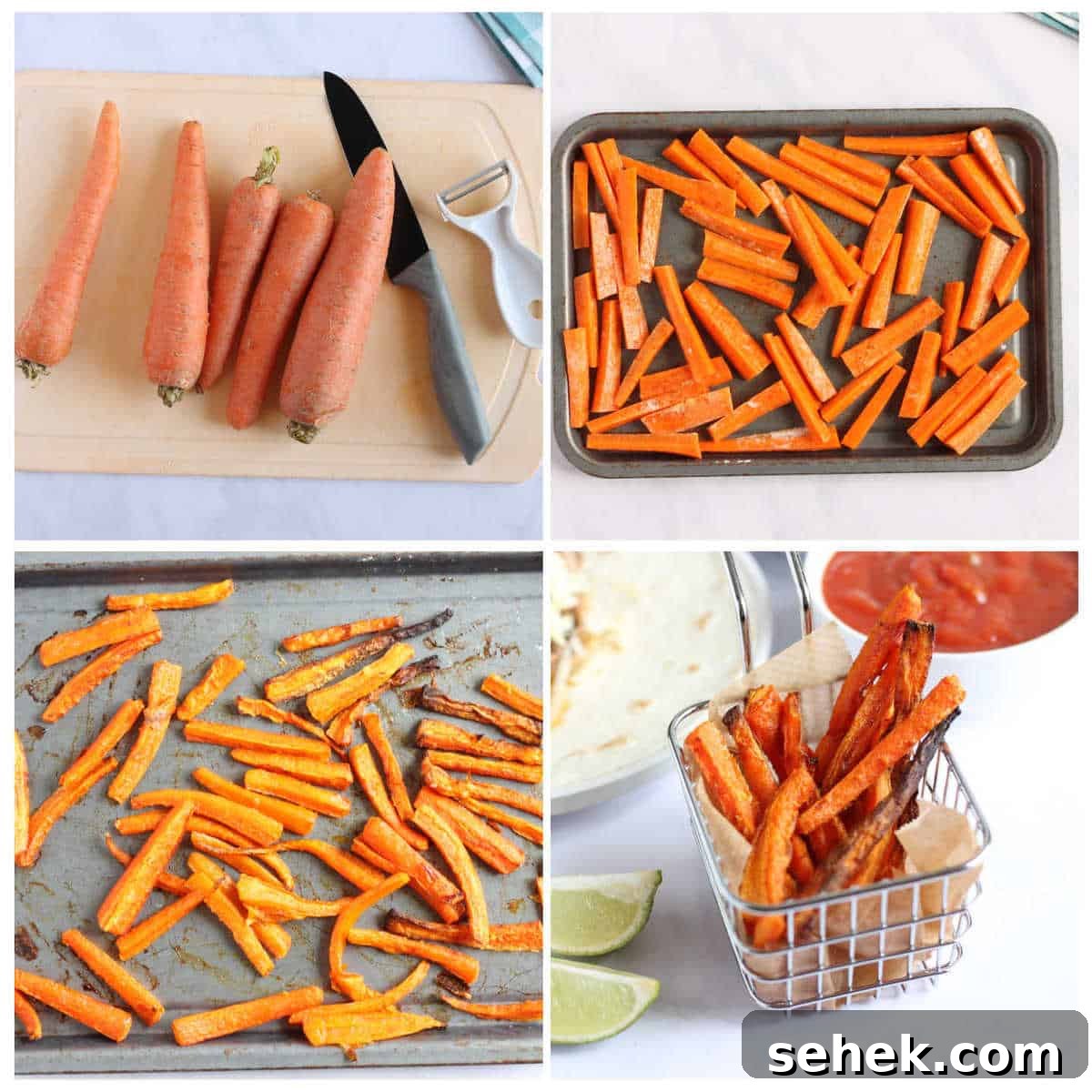 Step by step photo instructions for making baked carrot fires (chips)