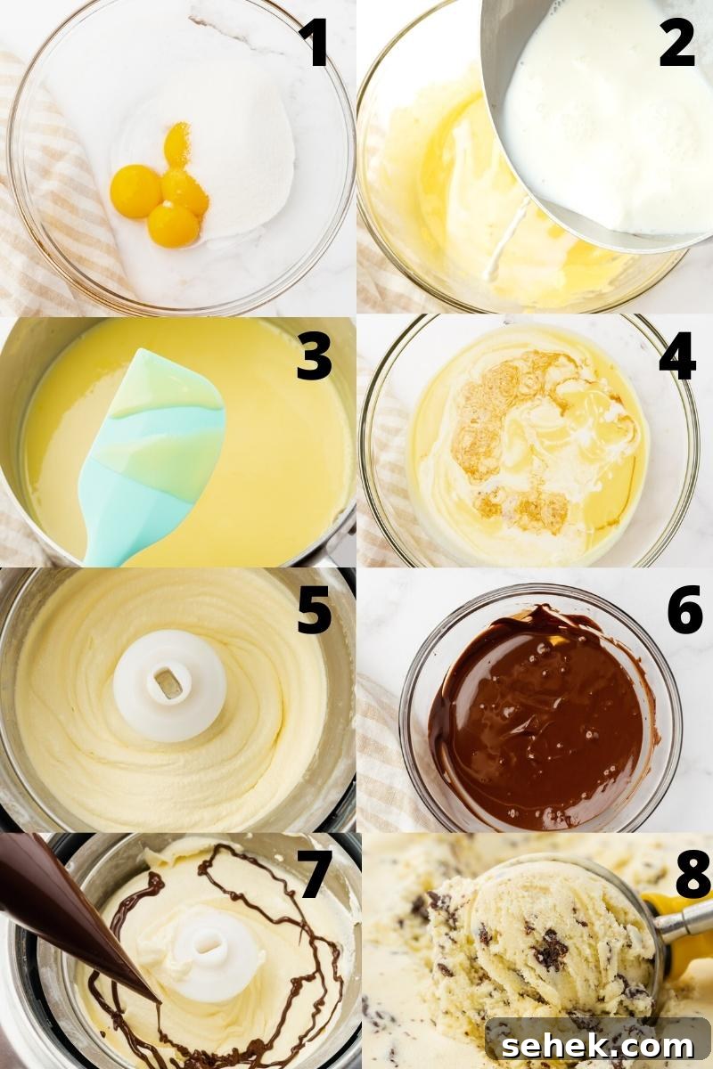 a collage of 8 numbered images showing photo make french-style stracciatella ice cream in an ice cream maker.