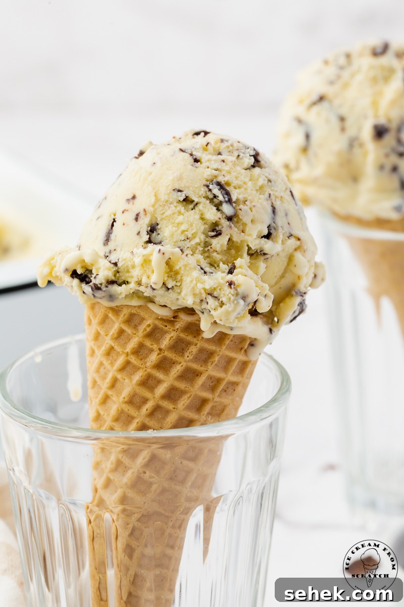a scoop of stracciatella ice cream with shards of chocolate on top of a sugar cone. The cone is held upright in a glass.