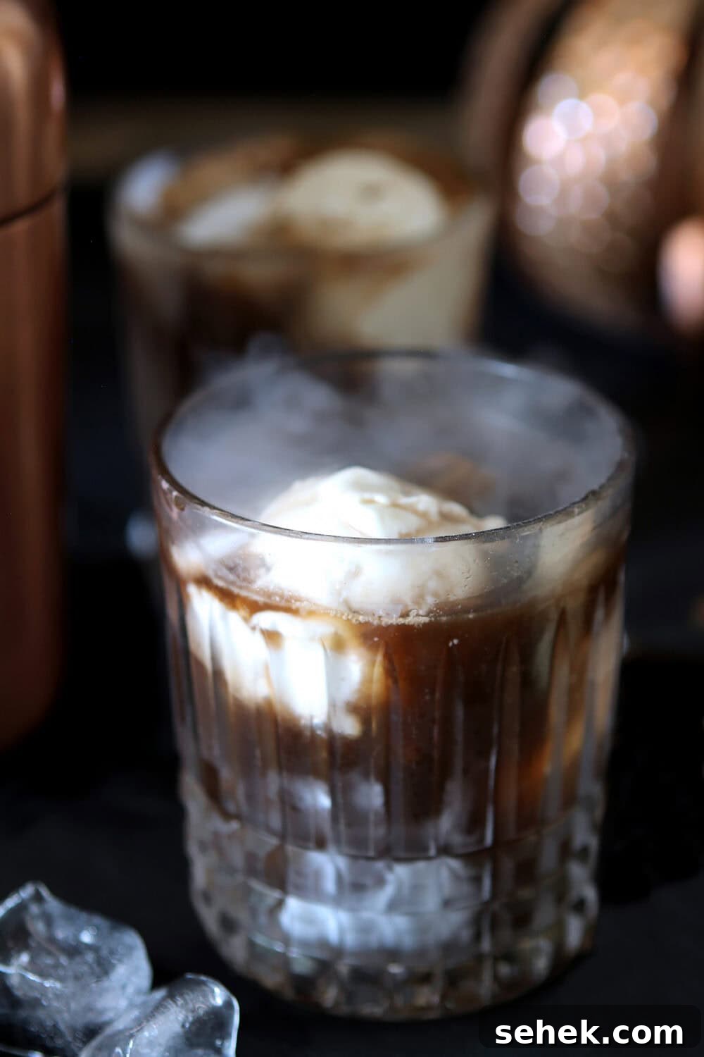 Kahlua Vodka Ice Cream Cocktail Recipe for Dessert Drinks 4 Vanilla ice cream is used in place of half and half in this vodka and Kahlua cocktail; shown in a crystal short glass.