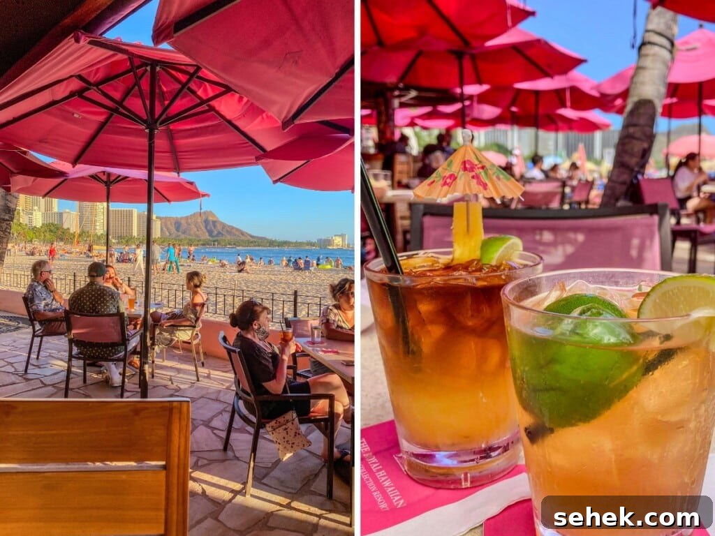 Waikīkī Beach Bar Cocktails with Ocean Views 3 Mai Tai Bar at The Royal Hawaiian outdoor seating area under pink umbrellas with a view of Waikīkī Beach and Diamond Head.