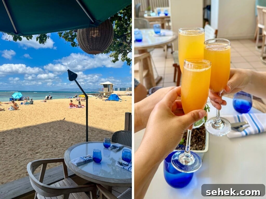Waikīkī Beach Bar Cocktails with Ocean Views 7 Corner table at Hau Tree Lanai at Kaimana Beach Hotel with mimosas on the table.