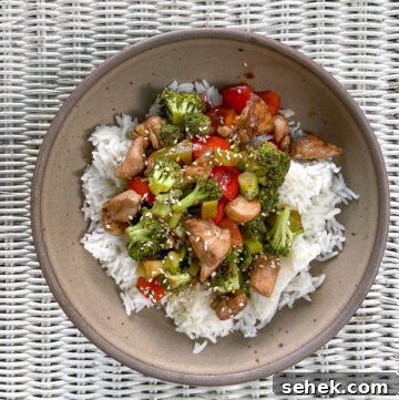 Blackstone Hibachi-Style Chicken Recipe for Grill or Griddle 2 Chicken, peppers, and broccoli on a bed of rice.