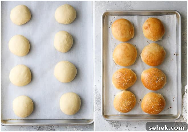 Homemade Buns for Sandwiches, Sliders & Burgers 7 burger buns before and after baking