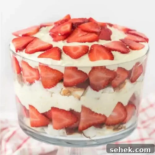 Layers of angel food cake, pudding, strawberries and more make this delicious Strawberry trifle recipe. The dessert looks gorgeous!