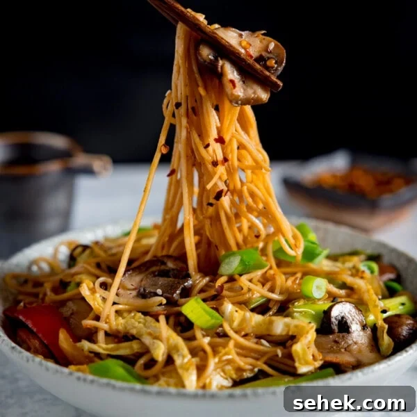 Savory Vegetarian Nut Roast Recipe for Holiday Dinner 11 Mushroom chow mein in a grey bowl topped with spring onions and sesame seeds.