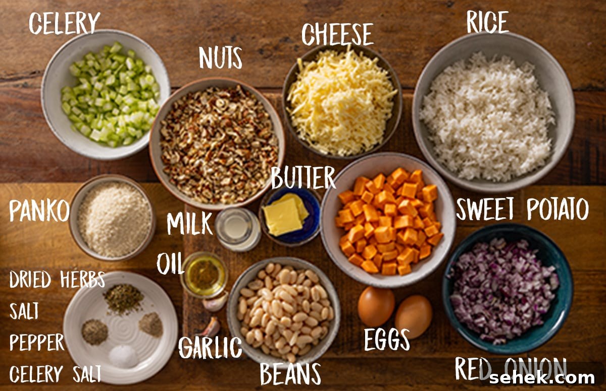 Savory Vegetarian Nut Roast Recipe for Holiday Dinner 4 Overhead picture of labelled ingredients for making a vegetarian nut roast all sat on a wooden board.