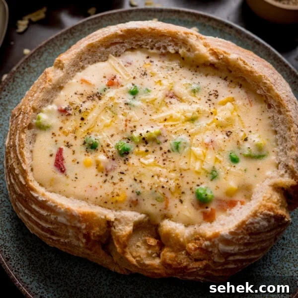 Savory Vegetarian Nut Roast Recipe for Holiday Dinner 9 A bread bowl filled with creamy vegetable chowder topped with grated cheddar.