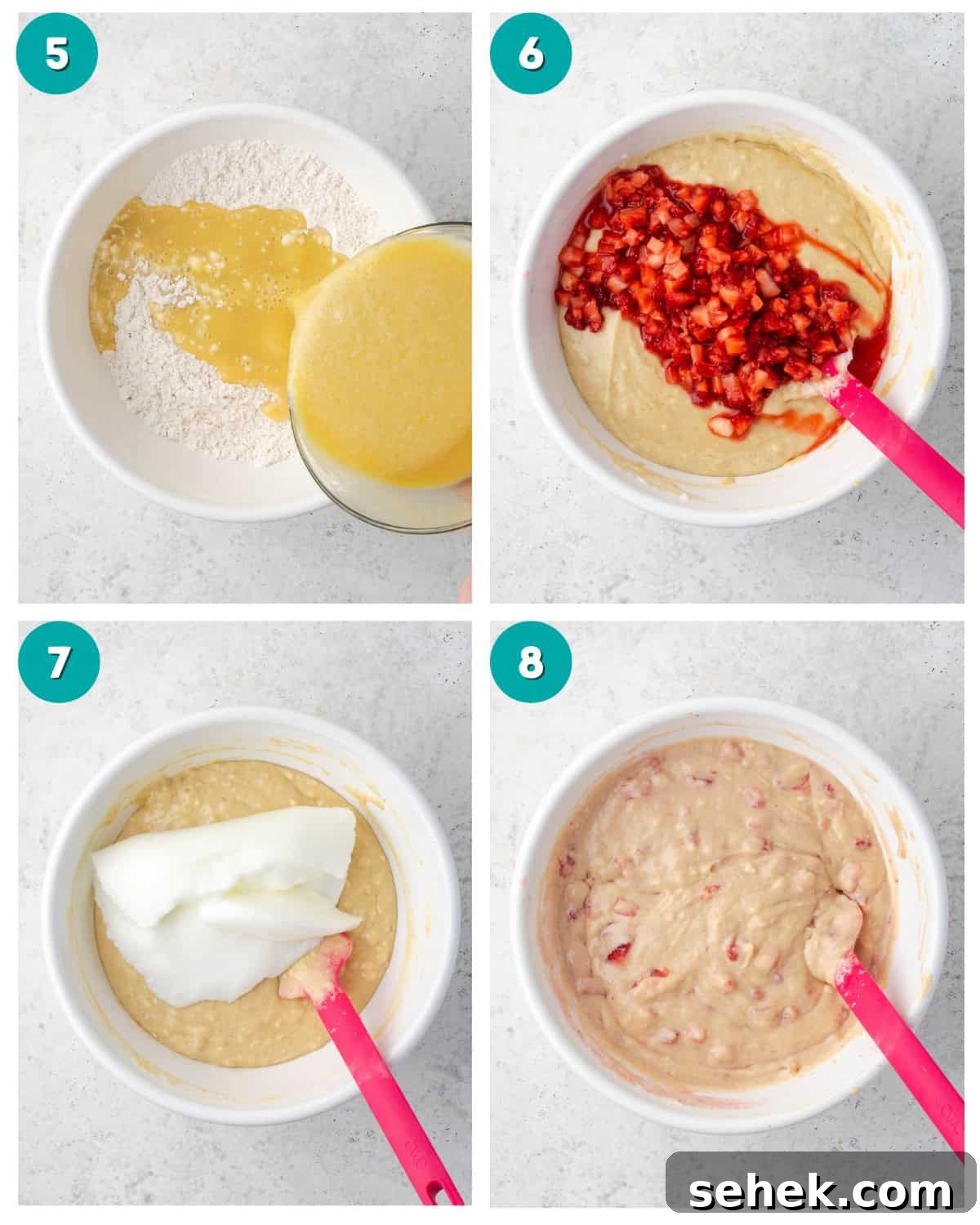 Gluten-Free Strawberry Waffle Recipe for Fluffy Breakfast 4 A collage of four step by step photos showing the wet ingredients being mixed into the dry ingredients, the strawberries being mixed in to the batter, and the egg whites being folded in to the waffle batter.
