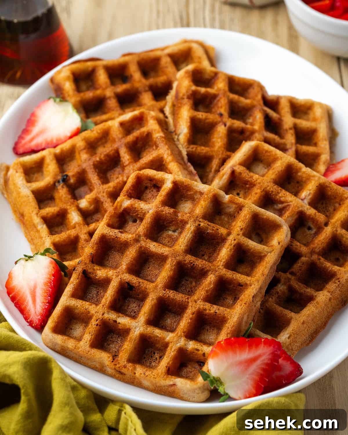 Gluten-Free Strawberry Waffle Recipe for Fluffy Breakfast 5 A large platter of gluten free strawberry waffles sitting on a breakfast table.