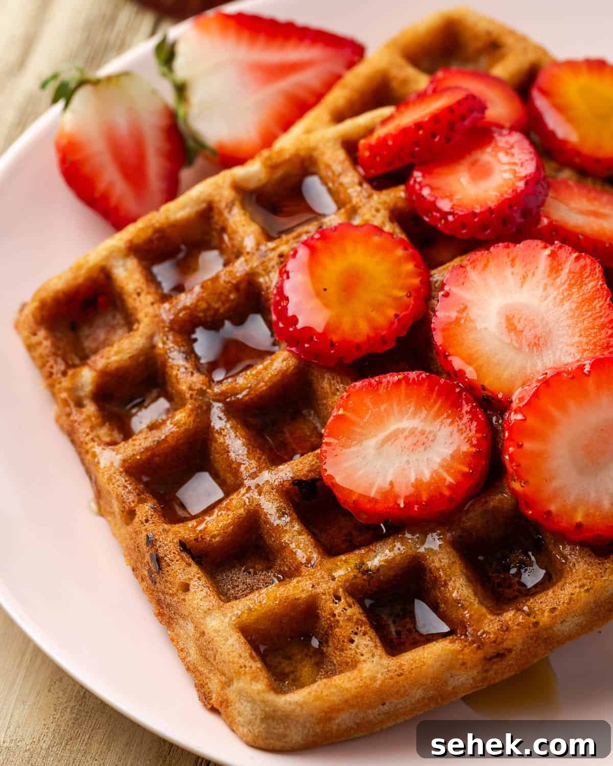 Gluten-Free Strawberry Waffle Recipe for Fluffy Breakfast 6 Strawberry waffles served with slices of fresh strawberries and syrup on a small plate.