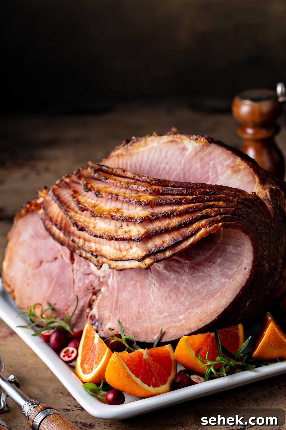 a spiral sliced ham on a white plate with fresh orange wedges on a wood table