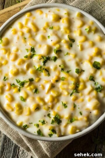 a white bowl filled with homemade creamed corn and topped with chopped parsley on a tan napkin on a wood table