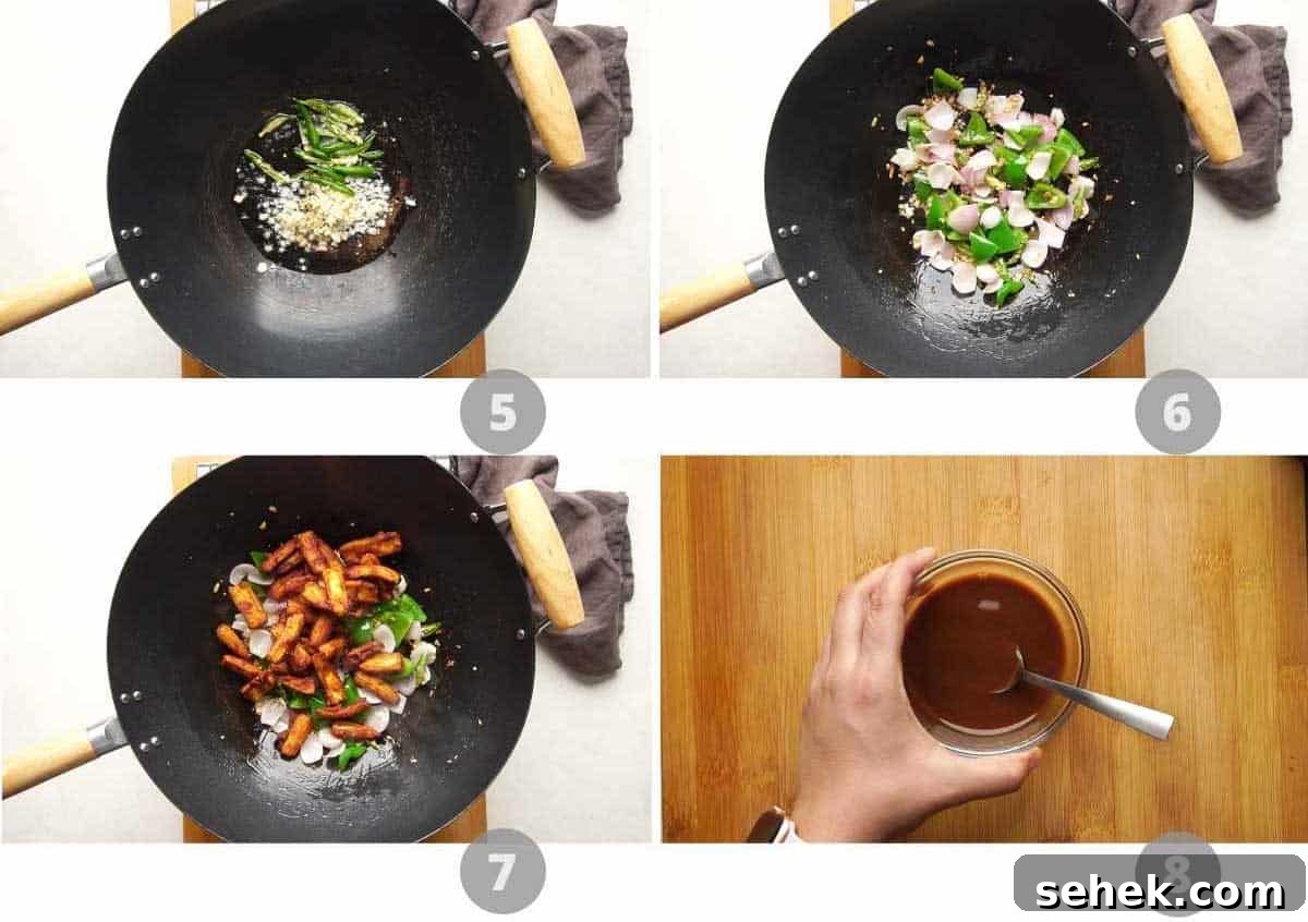Step by step picture collage showing how to make babycorn chilli