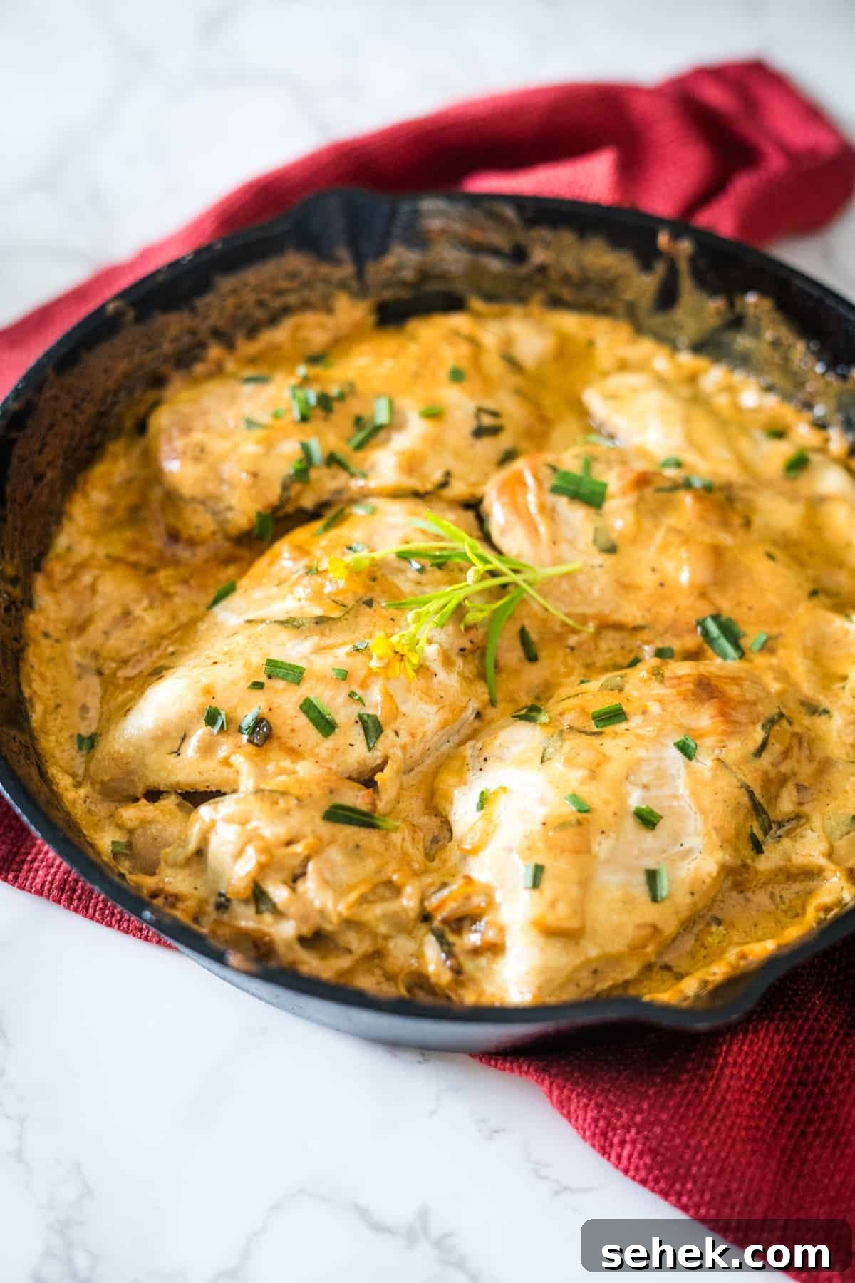 Creamy Tarragon Chicken Skillet with Lemon and Garlic 2 A skillet filled with chicken in a creamy sauce.