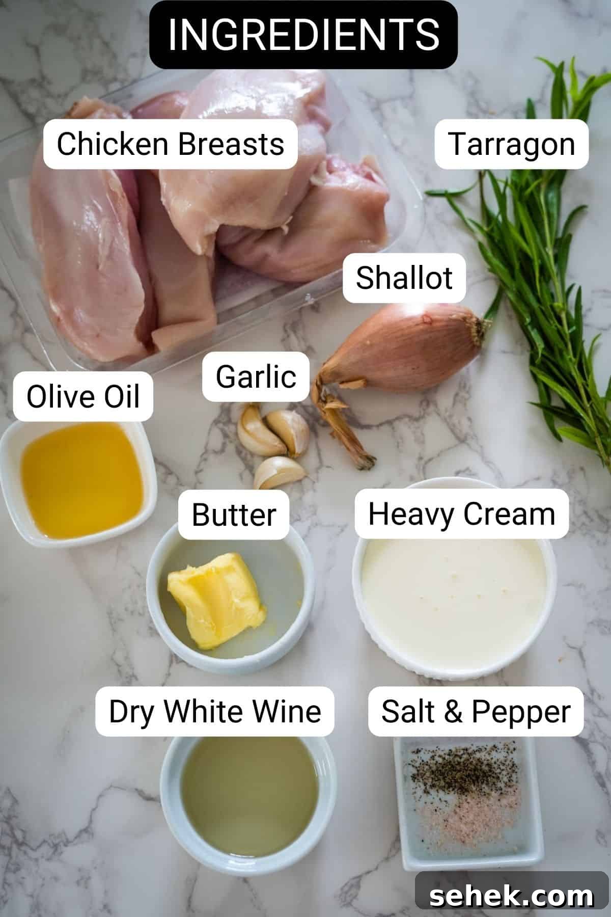 Creamy Tarragon Chicken Skillet with Lemon and Garlic 3 A list of ingredients for chicken noodle soup.