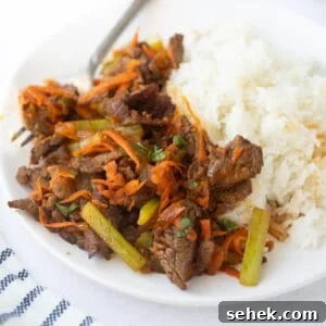 Sizzling Beef Stir-Fry with Shredded Vegetables and Ginger 9 shot of beef stir fry on white plate with rice