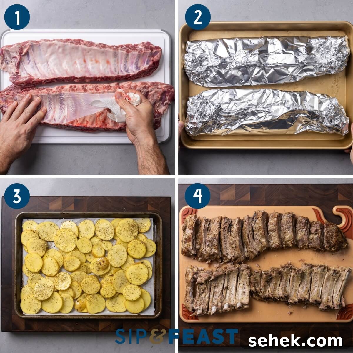 Sticky Glazed Ribs with Crispy Roast Potatoes 5 Recipe process shot collage group one showing removing membrane from ribs, wrapping the ribs in foil for baking, seasoned potatoes on parchment-paper lined baking sheet, and the cut ribs.