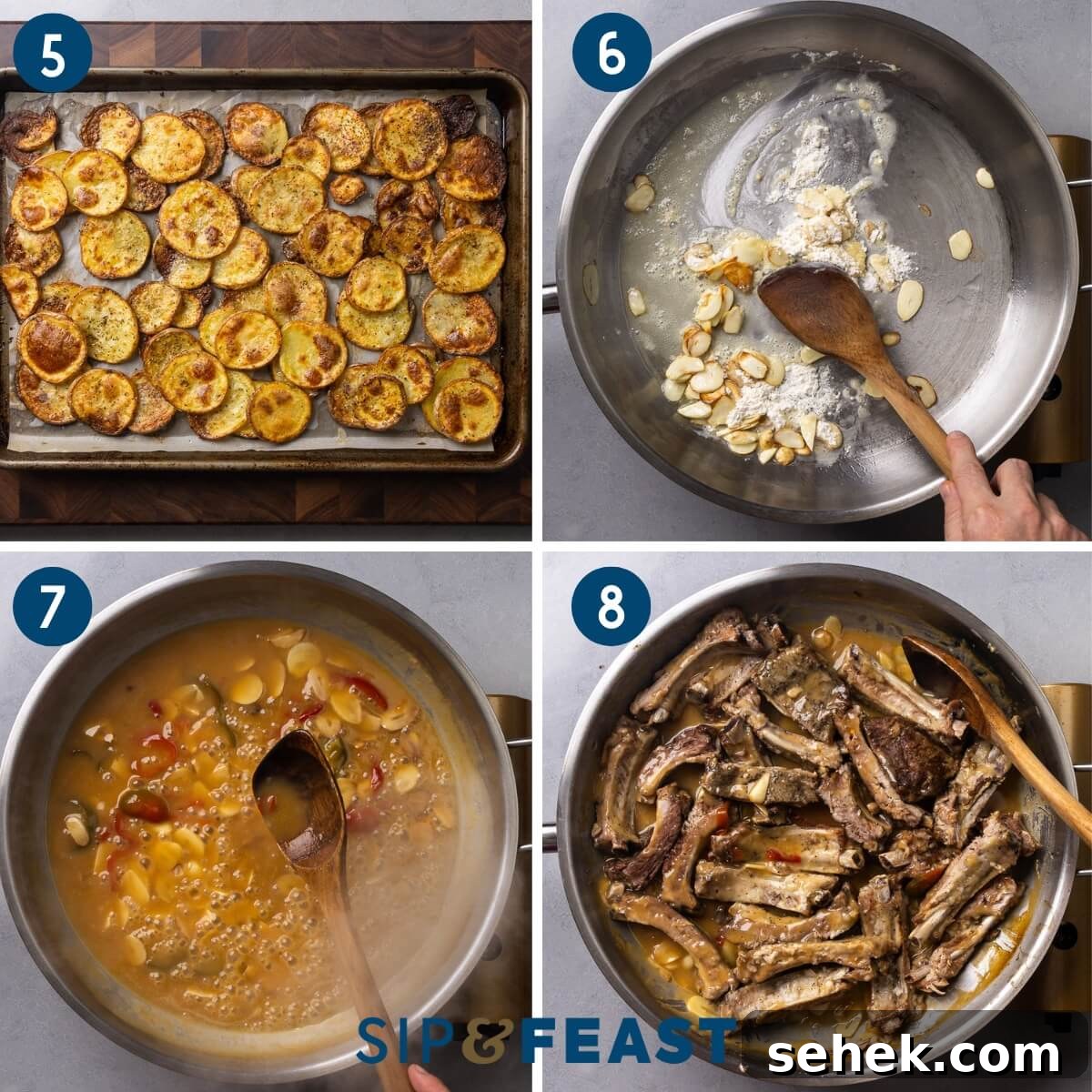 Sticky Glazed Ribs with Crispy Roast Potatoes 6 Recipe collage two showing the roasted potatoes, adding flour to the pan, boiling the sauce, and mixing the ribs in with the sauce.