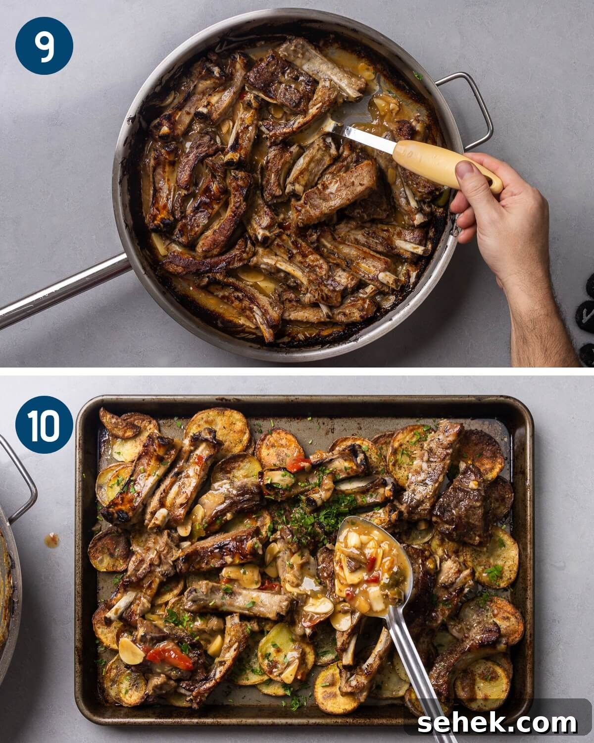 Sticky Glazed Ribs with Crispy Roast Potatoes 7 Recipe collage three showing the broiled ribs after coming out of the oven and spooning the sauce over the ribs and crispy potatoes.