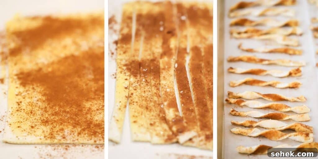Crispy Cinnamon Puff Pastry Twists: Quick Sweet Pastry Recipe 4 Side by side photos showing a puff pastry sheet with cinnamon sugar, strips cut out, and a row of Cinnamon Twists on a baking sheet.