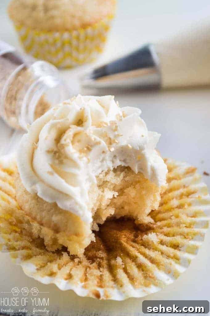 Frosted vanilla cupcakes.