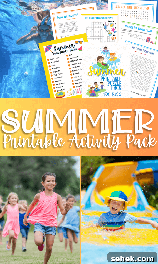 Printable Summer Activity Pack for Kids with Scavenger Hunt 2 Title image with collage of free kids summer printable games and kids playing during the summertime