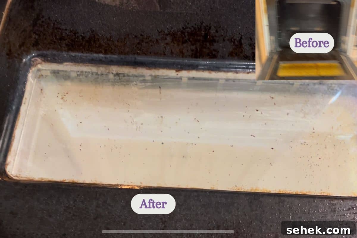 Steam-Clean Your Oven in 2025 Using Simple Kitchen Tools 8 Close-up of an oven door with a clean glass window labeled After, highlighting how effective it is to steam clean your oven. Inset in the top right corner shows a Before image of the same oven door, which is much dirtier.