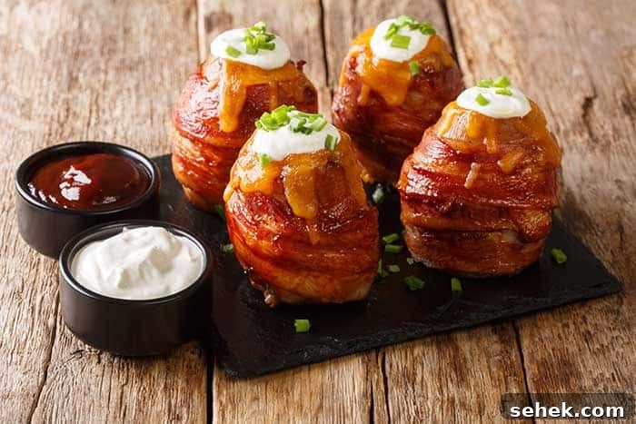 Bacon-Wrapped Volcano Potatoes: Stuffed, Crispy and Gooey 3 Grilled volcano whole potatoes with bacon and cheese served with sauces close-up on the table