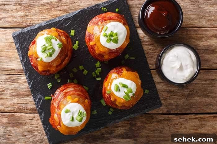 Bacon-Wrapped Volcano Potatoes: Stuffed, Crispy and Gooey 4 Grilled volcano whole potatoes with bacon and cheese served with sauces close-up on the table