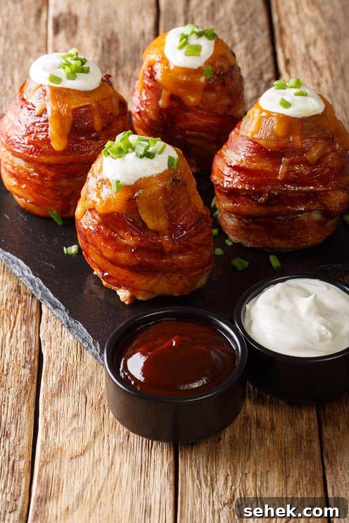 Bacon-Wrapped Volcano Potatoes: Stuffed, Crispy and Gooey 5 Grilled volcano whole potatoes with bacon and cheese served with sauces close-up on the table