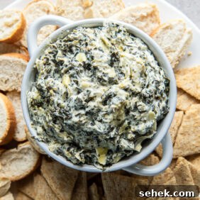 Creamy Slow Cooker Spinach Artichoke Dip Recipe 11 bowl of spinach artichoke dip surrounded by crackers and crostinis