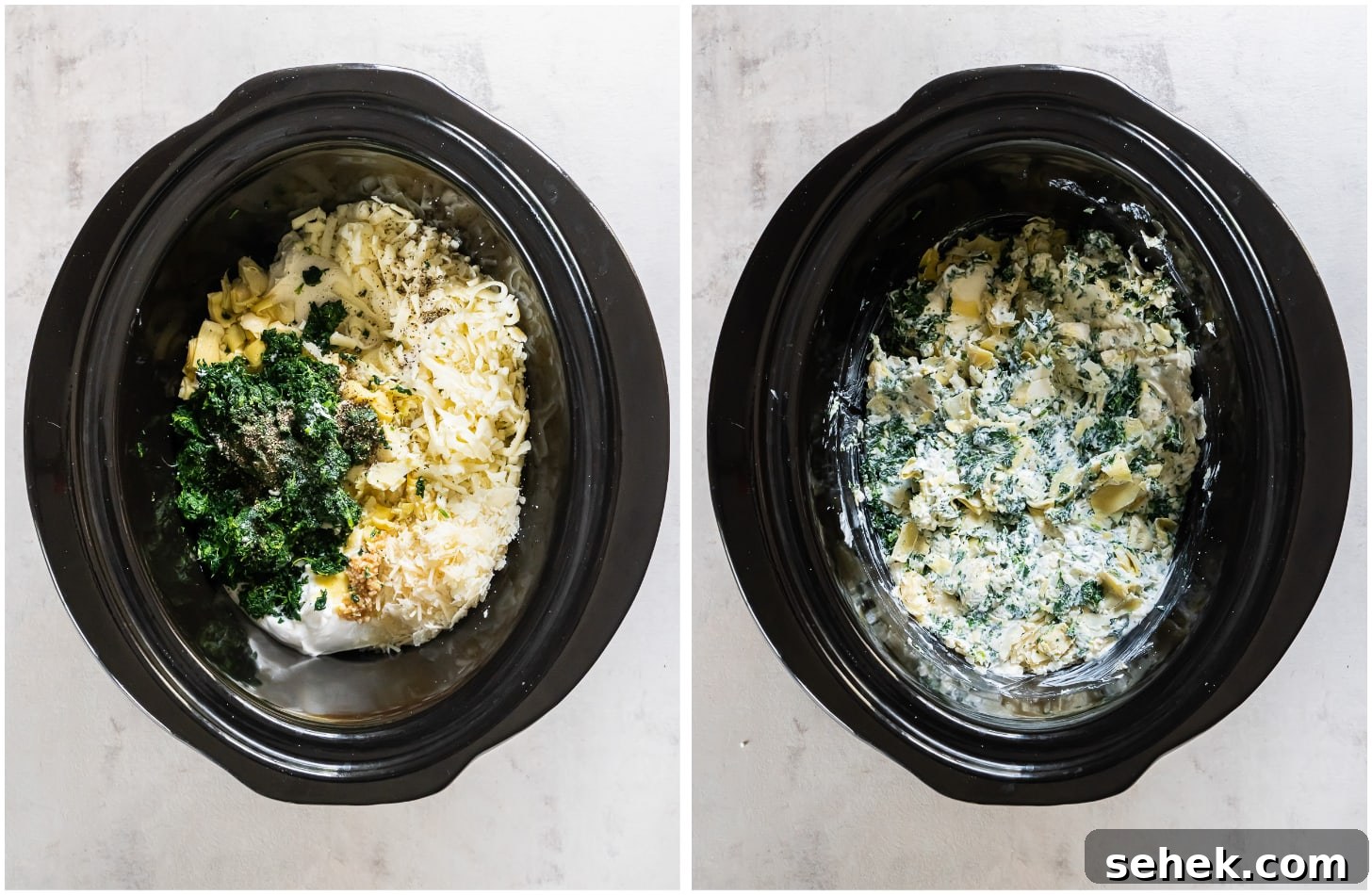 Creamy Slow Cooker Spinach Artichoke Dip Recipe 4 two photo collage showing spinach artichoke ingredients in crockpot before and after the ingredients are stirred together