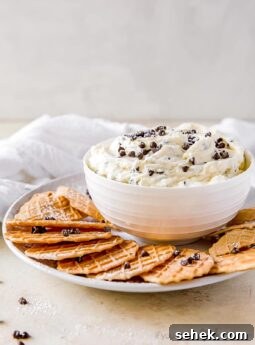 bowl of cannoli dip with mini chocolate chips on plate with pizzelle cookies