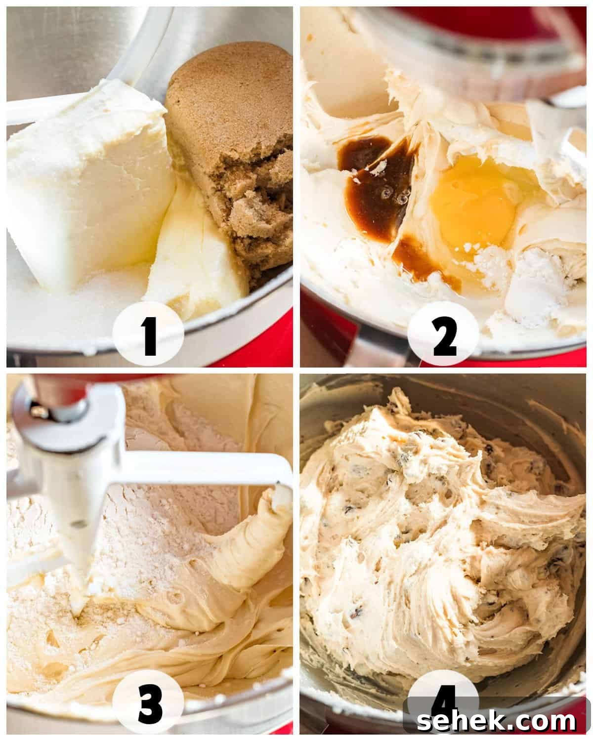 Four-step cookie dough mixing process for irresistible cream cheese chocolate chip cookies: 1) Butter, sugar, and cream cheese in a mixer. 2) Egg and vanilla added. 3) Flour mixed in. 4) Final dough with chocolate chips folded in.