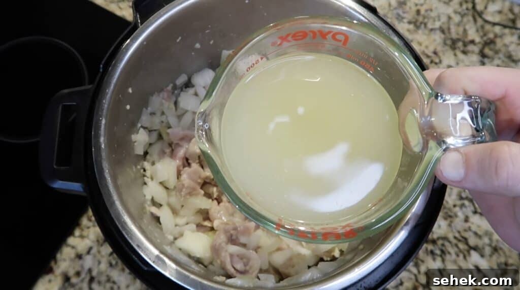 Instant Pot Nashville Hot Chicken with Spiced Rice 10 Adding broth to pot