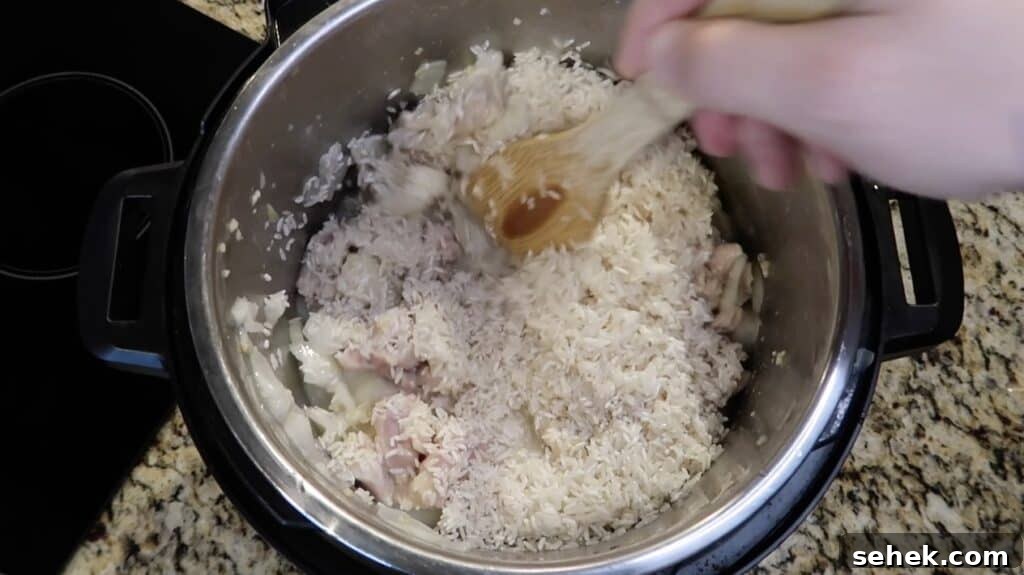 Instant Pot Nashville Hot Chicken with Spiced Rice 12 Stirring the pot