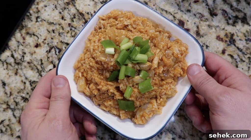 Instant Pot Nashville Hot Chicken with Spiced Rice 20 Plated bowl with sliced scallions on top