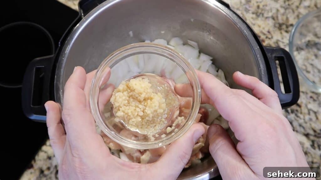 Instant Pot Nashville Hot Chicken with Spiced Rice 8 Adding garlic to pot