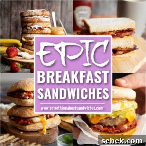 breakfast sandwiches square graphic with text overlay