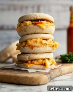 3 sandwiches stacked on each other on wooden board with muffins, chives and hot sauce blurred in background