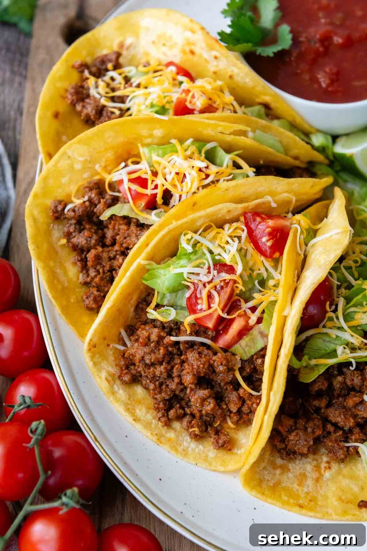Weeknight Gluten-Free Tacos That Transform Dinner 2 a plate of ground beef tacos on a white plate with salsa in the background.