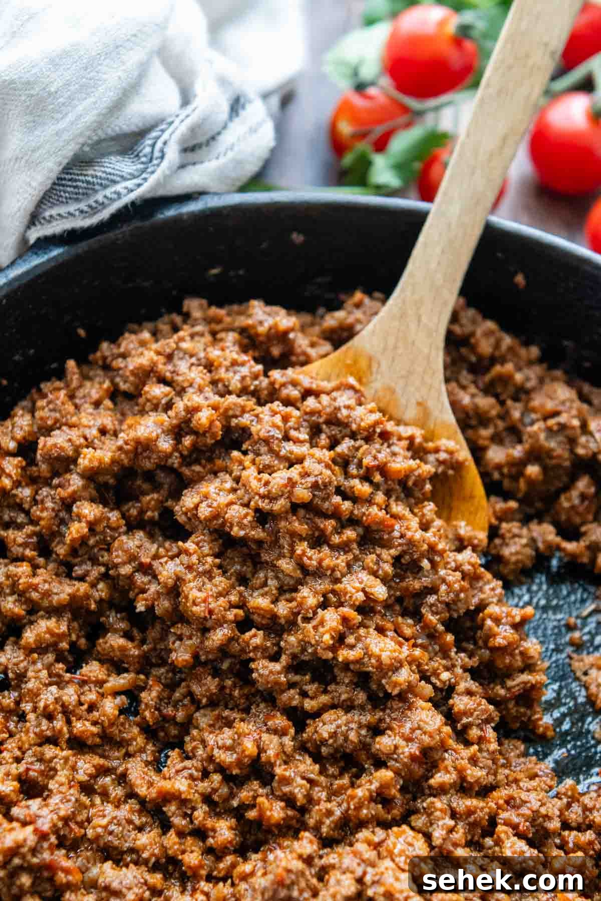 Weeknight Gluten-Free Tacos That Transform Dinner 3 a pan of ground beef taco meat with cherry tomatoes in the background.