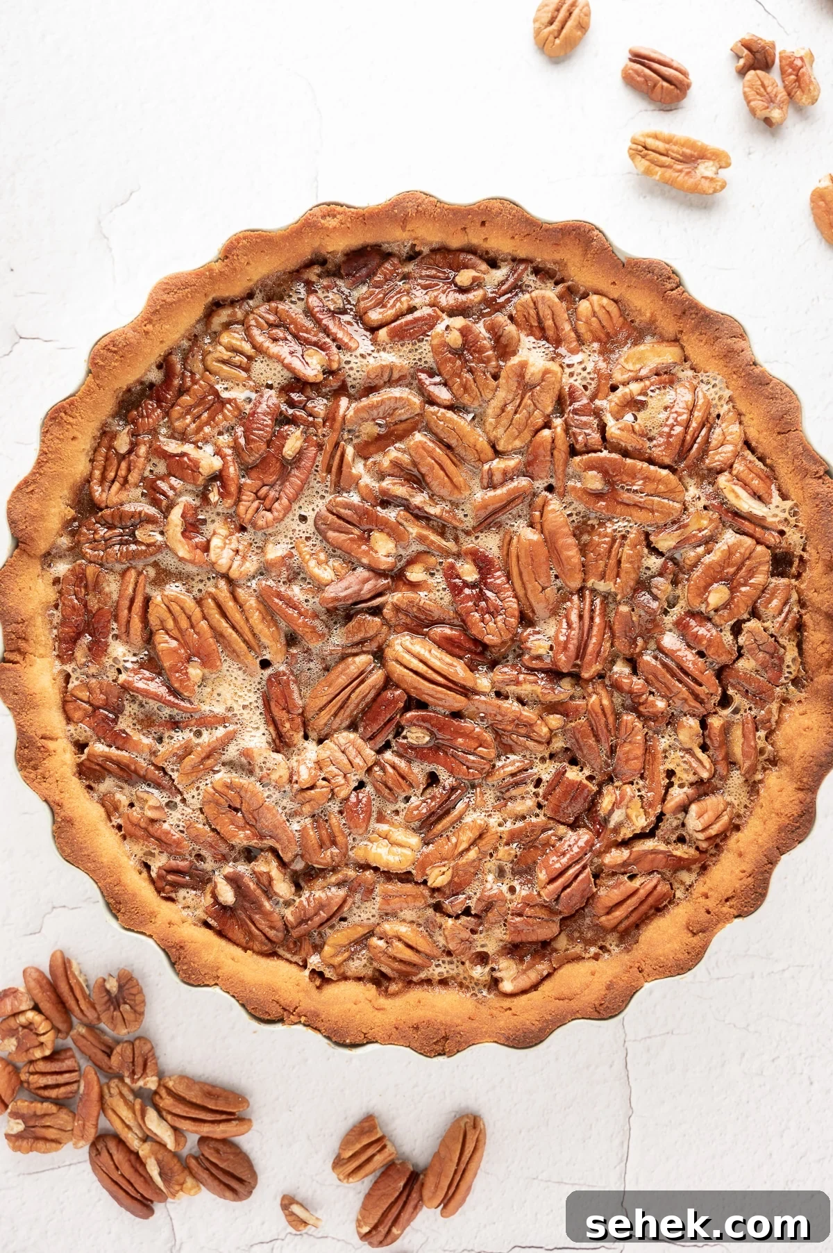 Sticky Sugar-Free Pecan Pie That Stays Gooey Even When Cold 2 sugar-free pecan pie on a bright white back ground with scattered raw pecans.