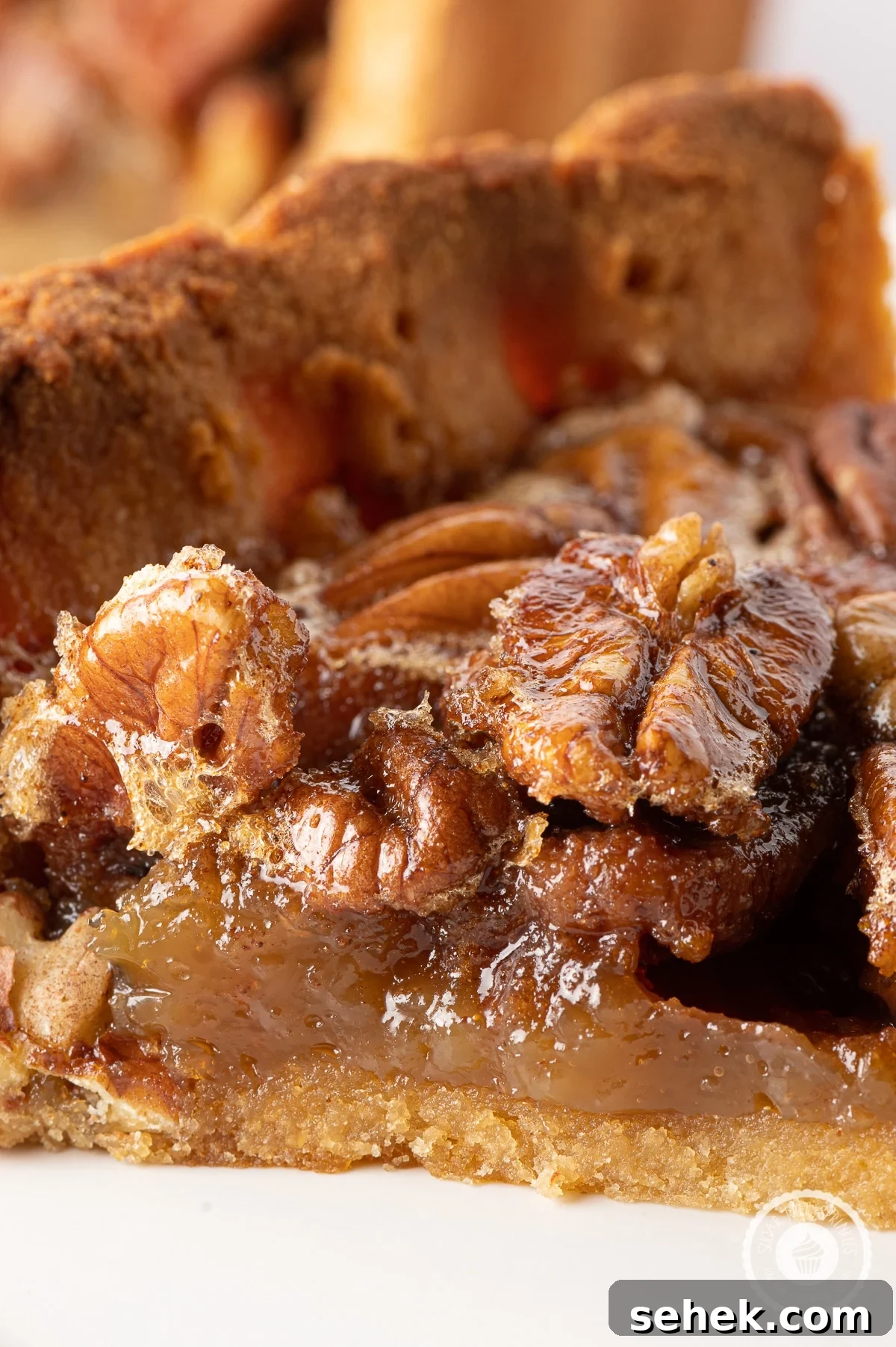 Sticky Sugar-Free Pecan Pie That Stays Gooey Even When Cold 3 Close up image of a slice of pecan pie with sticky glazed pecans and gooey caramel like filling