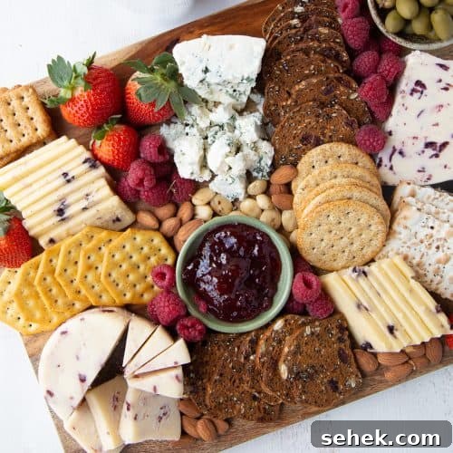 cheese, crackers, jam, and fruit on a rectangular wooden board.
