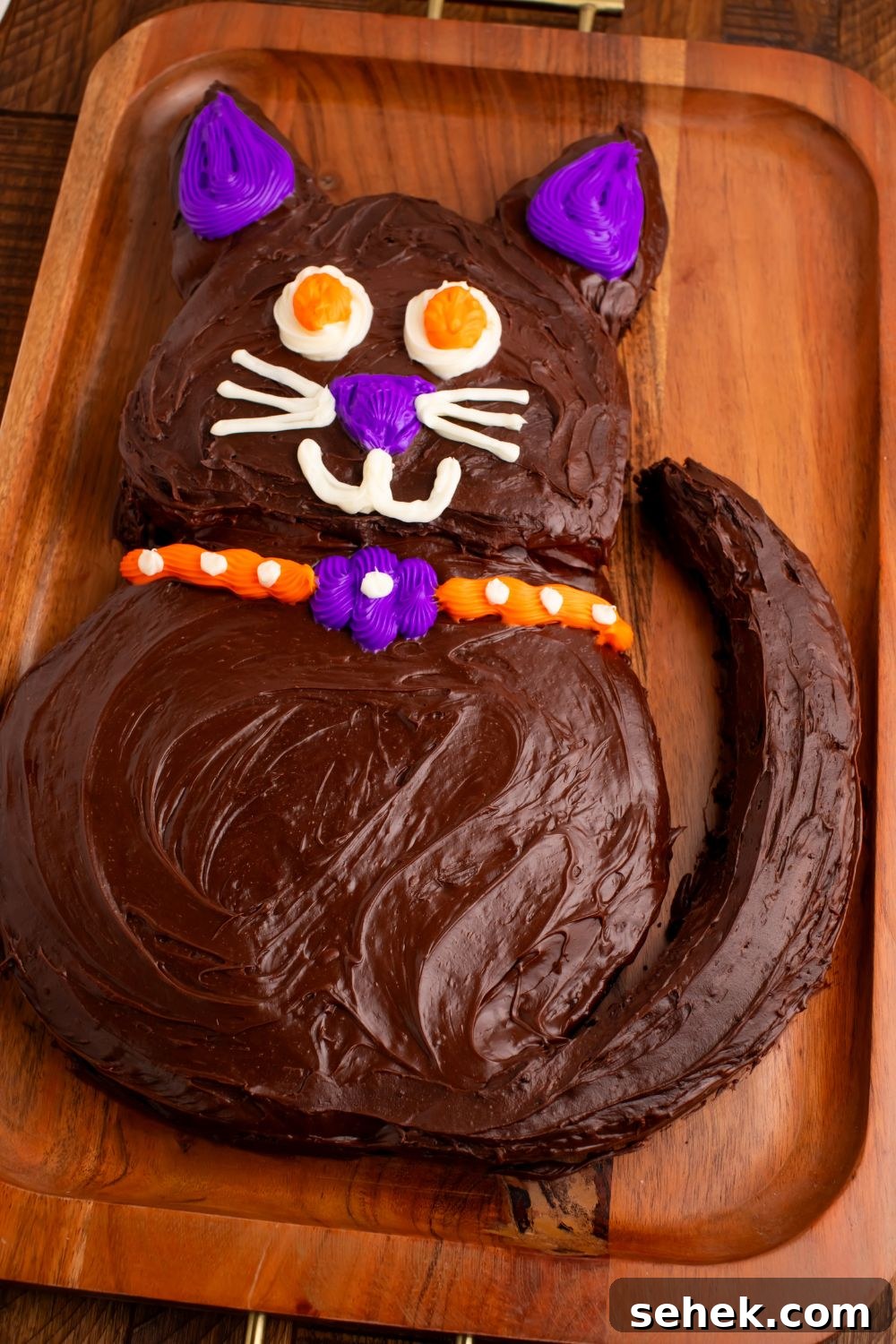 side view of Easy Halloween Black Cat Cut Out Cake on a tray so you can see the whole cat on the table 